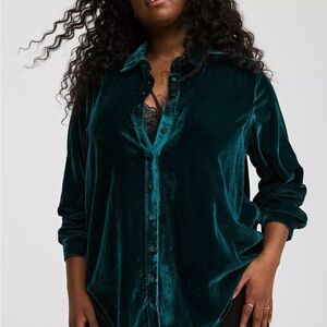 Torrid Lizzie Velvet Button Up Tunic Deep Teal